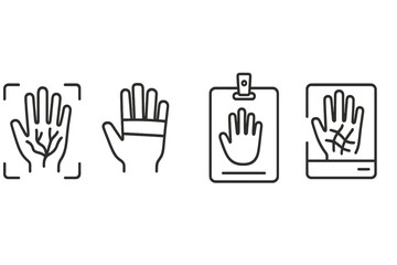 Fototapeta premium Biometric Hand Icons. Line style icons of biometrics and digital identity: palm vein scan icon, hand geometry chart, palm ID badge