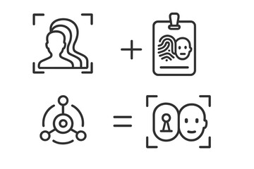 Biometric Identity Icons. Line style icons of biometrics and digital identity: multi-biometric profile icon, hybrid scan tag,