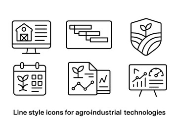 Agro-Industrial Icons. Line style icons of agro-industrial technologies: farm management software icon, task schedule chart, field