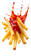 French fries covered with splashing ketchup on transparent background