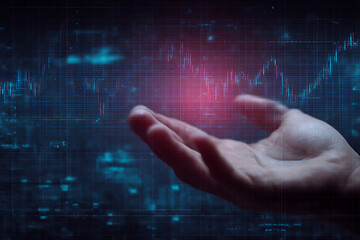 Futuristic Business Hand Gesture with Financial Data Hologram – Technology Concept