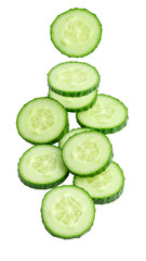 Sliced cucumber falling on transparent background