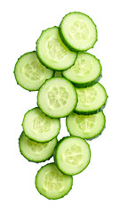 Sliced cucumber falling on transparent background