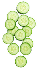 Sliced cucumber falling on transparent background