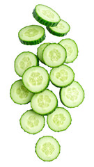 Sliced cucumber falling on transparent background