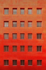 A lively and vibrant building facade features a stunning gradient color scheme, adorned with rectangular windows, all set against an urban backdrop during the bright daylight hours
