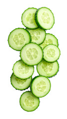 Sliced cucumber falling on transparent background
