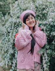 Pink summer mood of a girl with sincere emotions