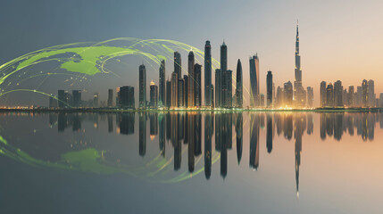 Fototapeta premium Smart city with connection network reciprocity over the cityscape social media networking systems that connects on the peak of success amid tall, innovative Smart city and graphs with statistics