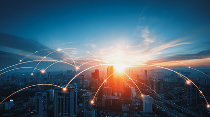 Obraz premium Smart city with connection network reciprocity over the cityscape social media networking systems that connects on the peak of success amid tall, innovative Smart city and graphs with statistics