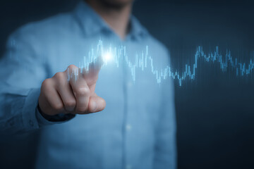 Businessman in Blue Shirt Interacting with Virtual Financial Data Chart – Touchscreen Technology Concept