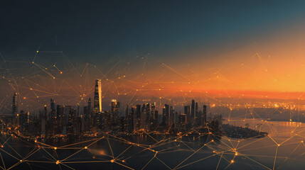 Obraz premium Smart city with connection network reciprocity over the cityscape social media networking systems that connects on the peak of success amid tall, innovative Smart city and graphs with statistics