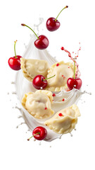 Varenyky or pierogi with cherry juice splashing on transparent background