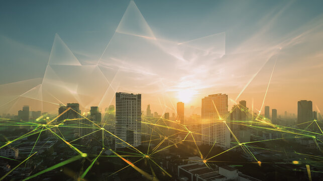 Smart city with connection network reciprocity over the cityscape social media networking systems that connects on the peak of success amid tall, innovative Smart city and graphs with statistics