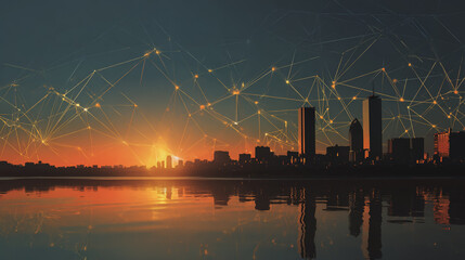 Smart city with connection network reciprocity over the cityscape social media networking systems that connects on the peak of success amid tall, innovative Smart city and graphs with statistics