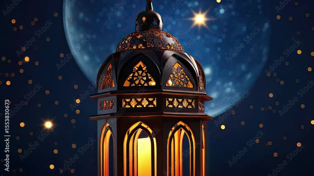 Poster illuminated decorative lantern shines softly in a dark night sky with twinkling stars and a glowing 
