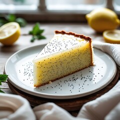 Slice of homemade lemon poppy seed cake with glaze on a white plate
