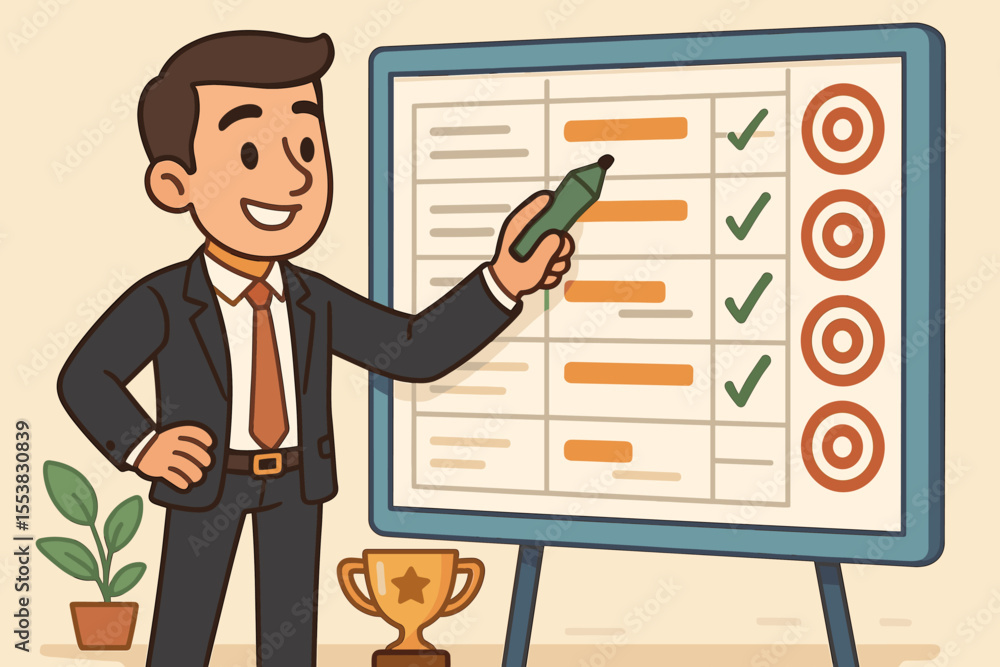 Poster businessman checking off goals on a project management schedule. successful achievement, planning an