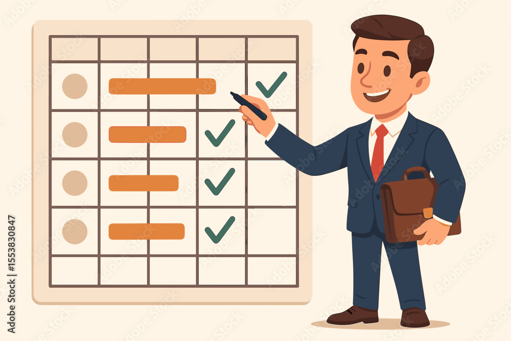 Poster businessman checking off completed tasks on a project management schedule. manager marks goals on a 