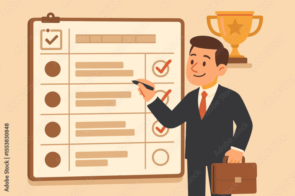 Poster project management success concept. businessman checking off goals on a schedule. successful achieve