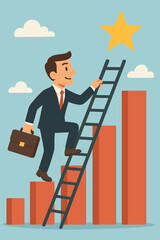 Ambitious businessman climbing a corporate ladder on a bar chart to reach a star. Metaphor for career growth, success, reaching goals, and personal development. Vector concept.
