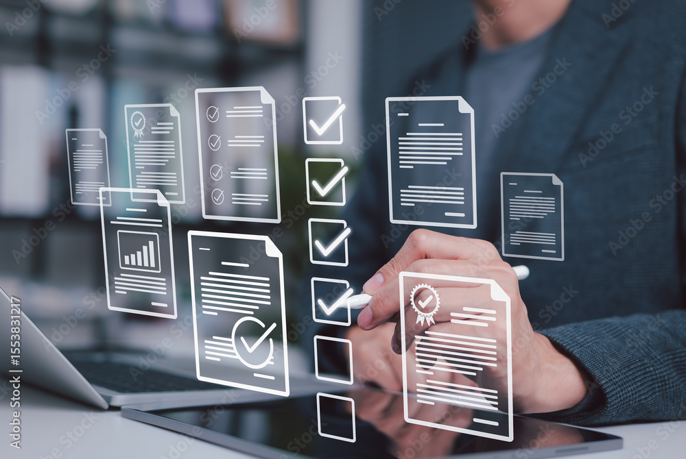 Poster digital document approval and checklist management concept. virtual documents and checkmarks represe