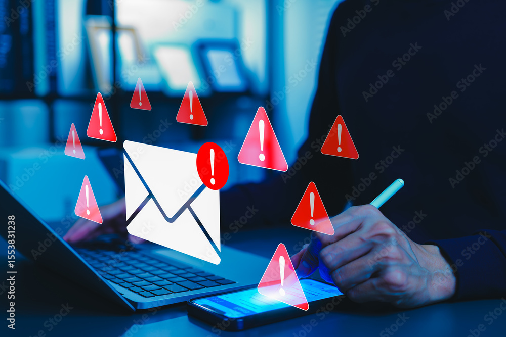 Poster email security threat notification and spam warning concept. a person using smartphone with icons of
