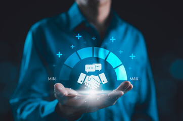 Trusted Partner and Business Collaboration Concept. Businessman holding handshake icon with trust level gauge, representing business partnership, reliability, professional transparency trustworthy,