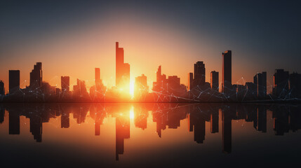 Smart city with connection network reciprocity over the cityscape social media networking systems that connects on the peak of success amid tall, innovative Smart city and graphs with statistics to a