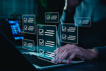 Online assessment and survey concept. A person interacts with virtual checklist on laptop, symbolizing online assessments, surveys, exams, or quizzes. digital evaluation and data collection. fill out,