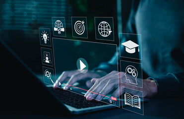 Online education and e-learning concept. Person use laptop with icons representing online education, learning, knowledge sharing, educational tools, training, webinar on internet, digital courses,