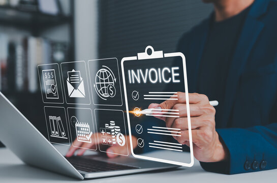 E-Invoice and Digital Billing Automation Concept. Businessman using digital tools on laptop to manage invoices, with icons representing financial documents, payments, transactions, and bill statement.