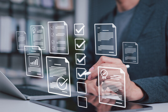 Digital Document Approval and Checklist Management Concept. Virtual documents and checkmarks representing approval, workflow efficiency, quality assurance, certificate, online test, quiz, survey, exam