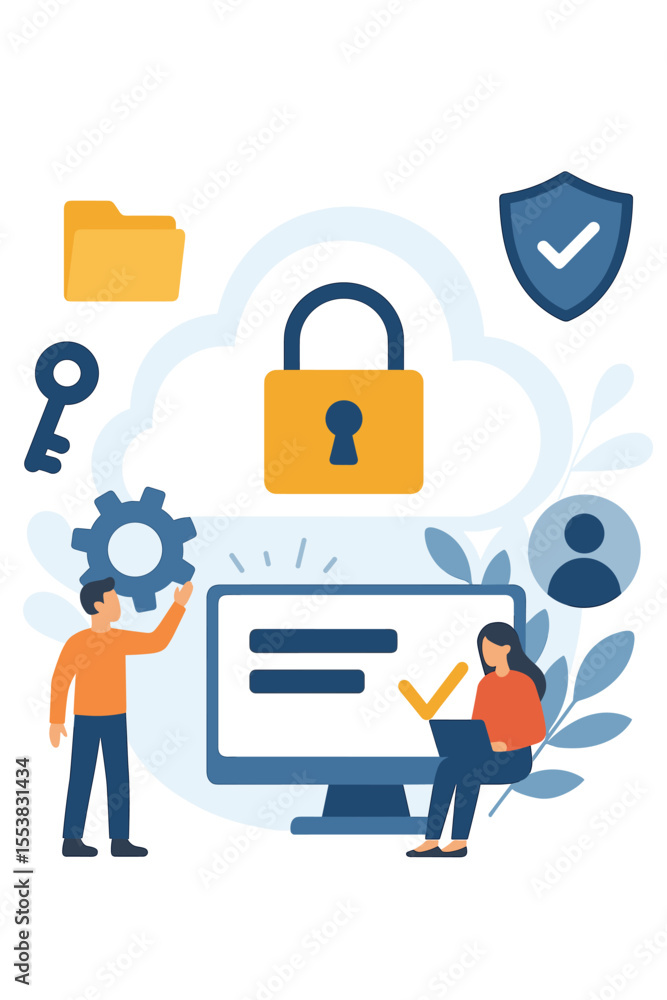 Poster cloud security and data protection vector concept. people manage privacy settings for secure informa