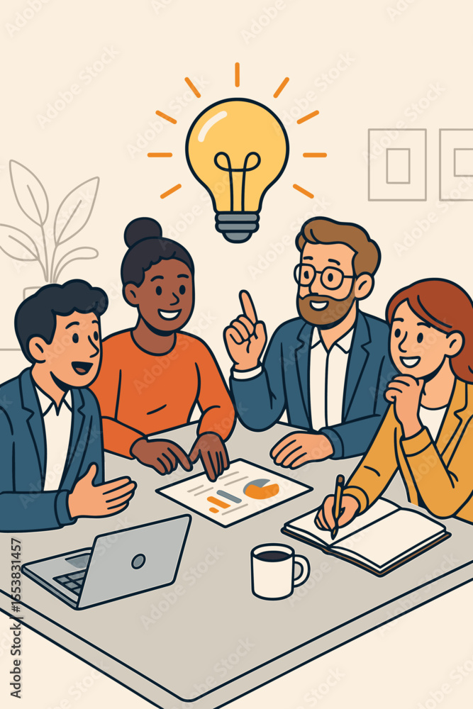 Poster creative idea and brainstorming concept with a lightbulb. diverse business team in a meeting discuss