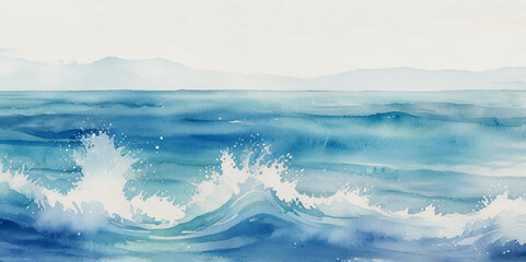 Blue ocean wave background. Blue and white water ocean background. Wavy line background. Hand drawn watercolour ocean background. Vector illustration.  © Vactor Viky