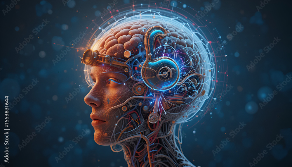Poster artistic rendering showing a futuristic human head with brain, neural network, and technological com