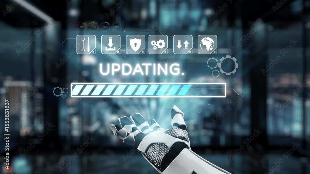 Poster a futuristic robotic hand interfaces with a digital updating display, highlighting technology advanc