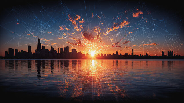 Smart city with connection network reciprocity over the cityscape social media networking systems that connects on the peak of success amid tall, innovative Smart city and graphs with statistics to a