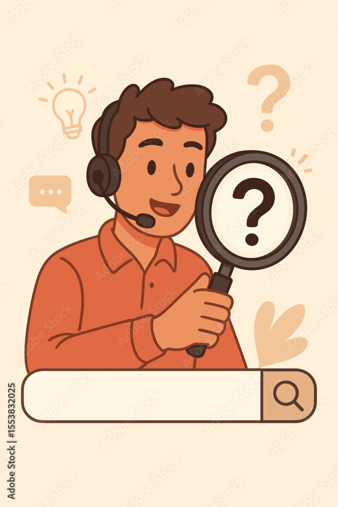 Poster customer support agent with headset searching for information. call center operator with magnifying 