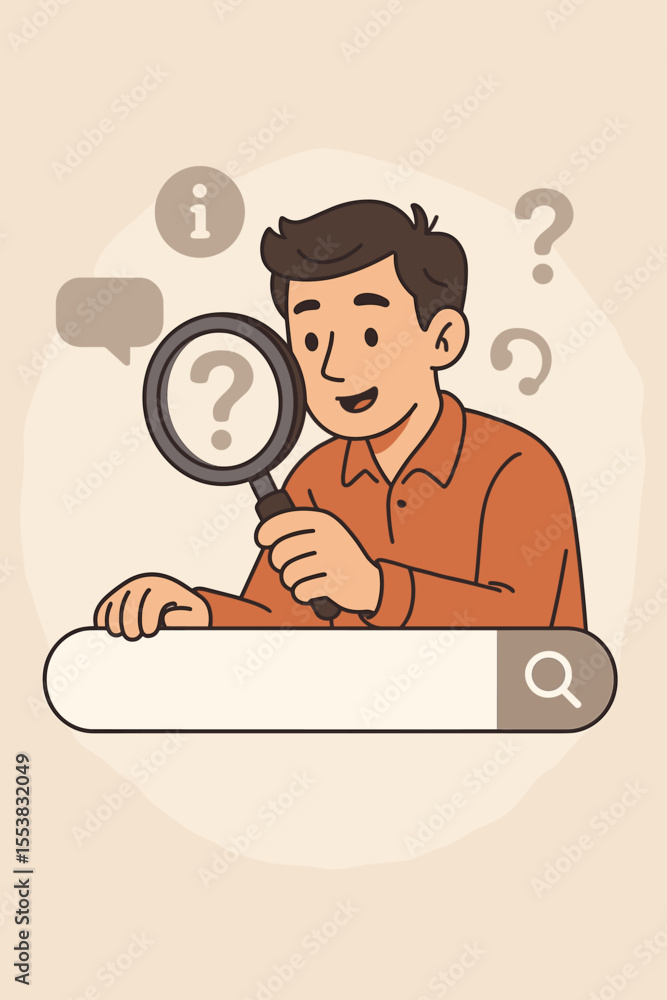 Poster man with magnifying glass at search bar, a concept of finding information and answers. customer supp