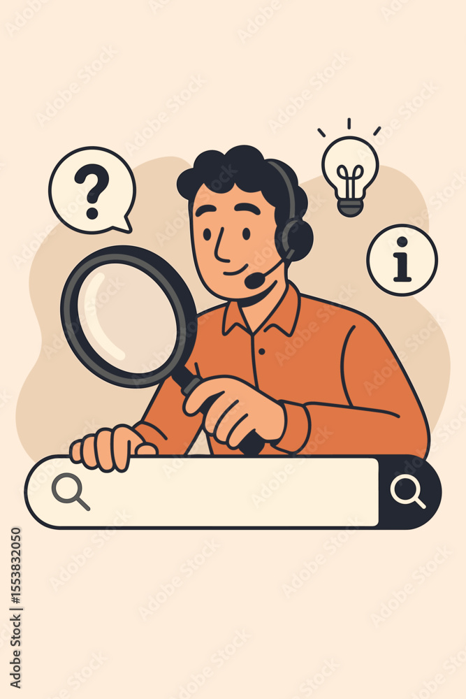 Poster man customer service agent with headset searching information using magnifying glass on search bar, 