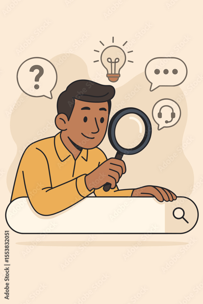 Poster man with magnifying glass at search bar concept. searching for information, finding answers, faq, cu
