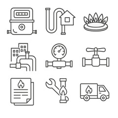 Gas Utility Icons. Outline style icons of Gas Utilities: home gas meter, residential pipeline, gas stove flame, city gas pipe
