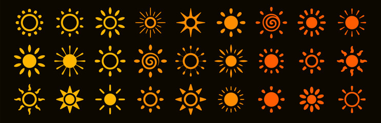 Sun icon set with stylized solar shapes, spiral rays, abstract heat symbols. Collection of bright summer, energy, weather, climate, day, forecast and sunny light elements. Vector illustration.