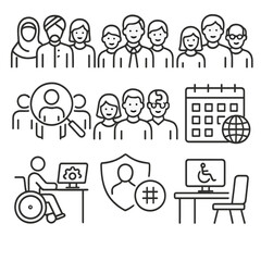 Workplace Diversity Icons. Outline style icons of Workplace Diversity: different culture outfits, various age workers, mixed