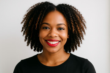 Confident Young African-American Woman Smiling with Red Lipstick and Curly Highlighted Hair – Professional Headshot