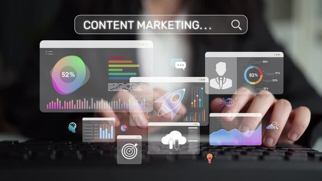 Content marketing interface with data dashboards, analytics charts, and content tools. Marketing success comes from content performance, content planning, and marketing optimization. Muxer