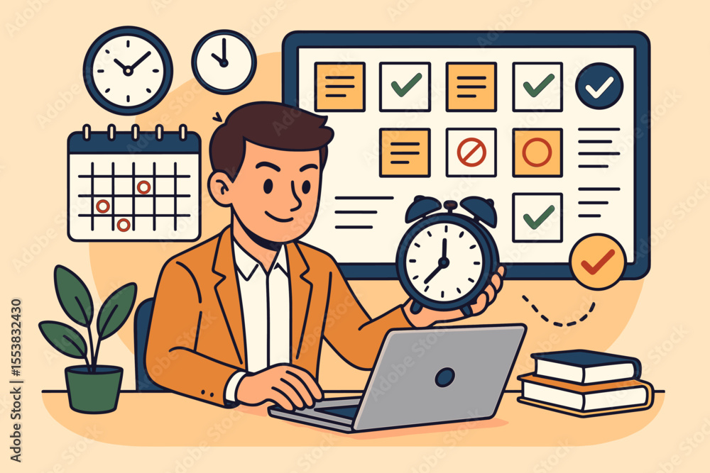 Poster time management concept. businessman planning schedule on laptop. productivity and work efficiency. 