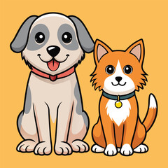 Naklejka premium Dog and Cat Sitting Together Peacefully in a Friendly Illustration